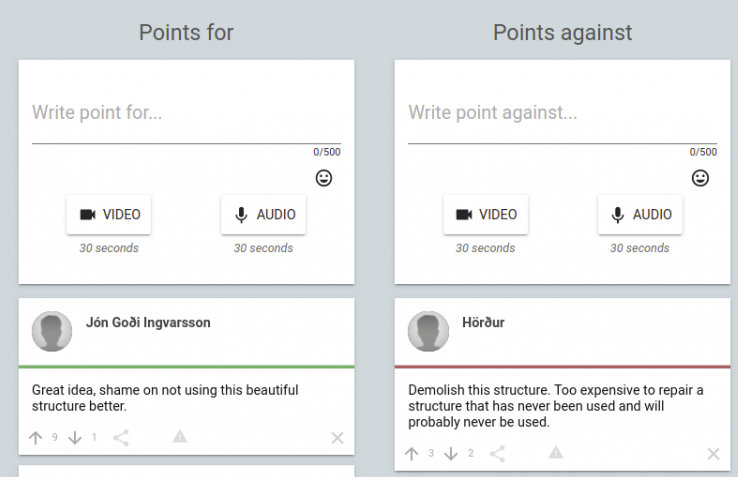 Screenshot of an idea with options to post an argument for or against