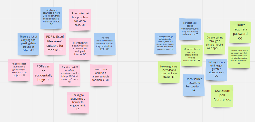 A screenshot of a Miro board showing two clusters of stickies