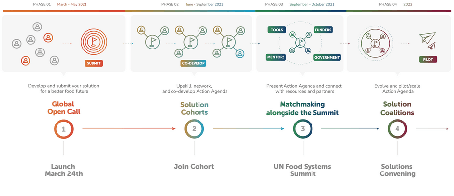 Diagram showing 4 stages: Global Open Call, Solution Cohorts, Matchmaking alonside the Summit, Solution Coalitions