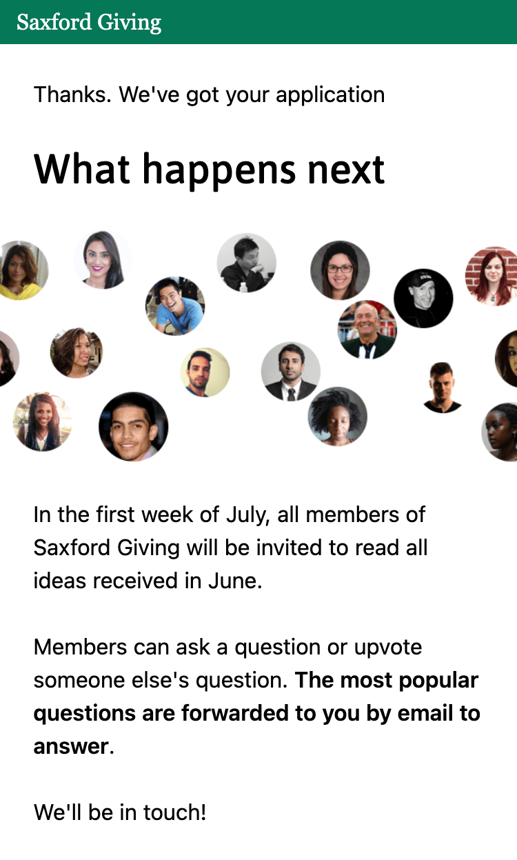 Screenshot exaplining that in the first week of July all the members of Saxford giving will review all the ideas received in June.