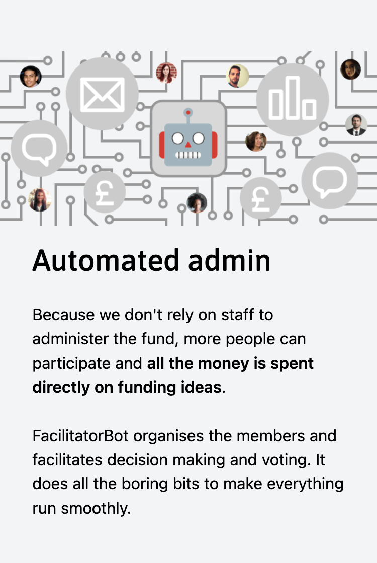 Screenshot of a headline Automated admin which explains theat FacilitatorBot organises the members to facilitate decision making.