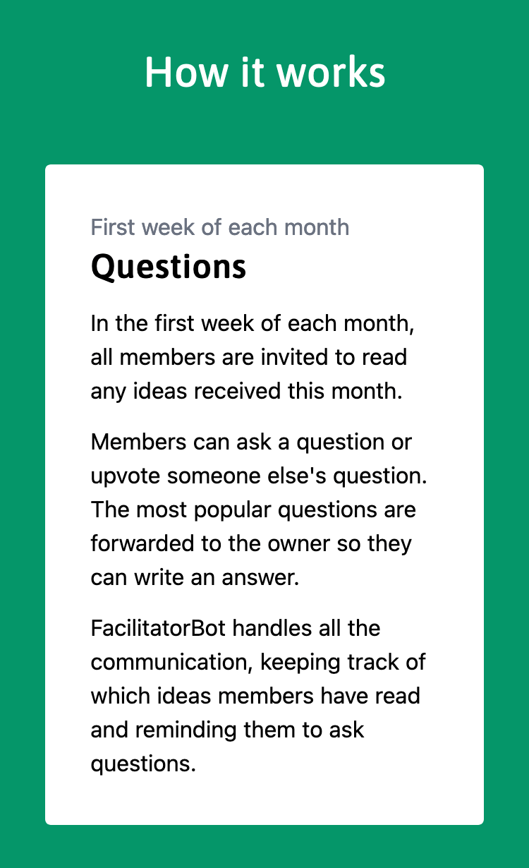 Screenshot showing how it works, explaining that the first week of each month is for questions