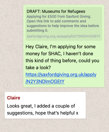 Screenshot of a WhatsApp message Aamna sent to Claire asking her for help with her applcation