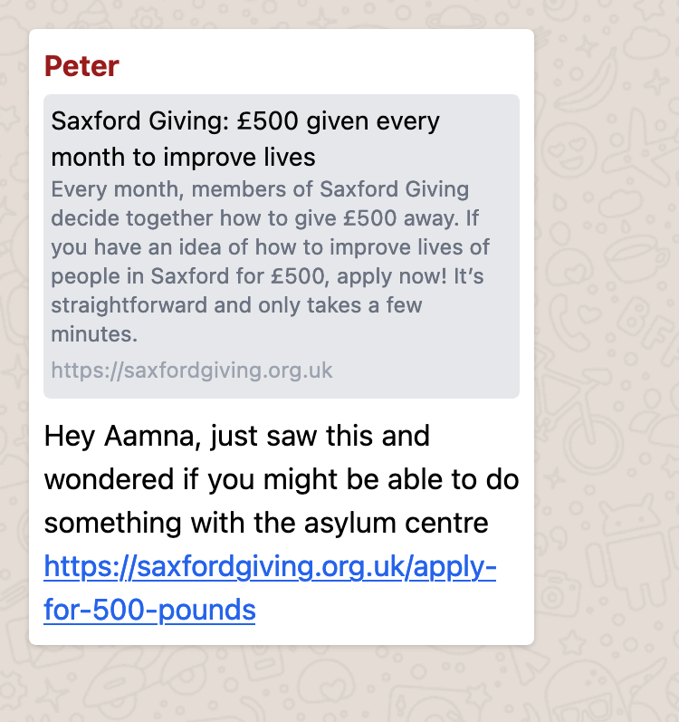 Screenshot showing a WhatsApp message from a friend with a link to Saxford Giving, which gives away £500 every month.