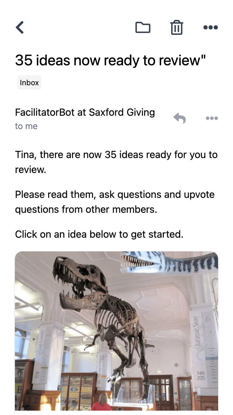 Screenshot of an email with subject ‘35 ideas now ready for review’