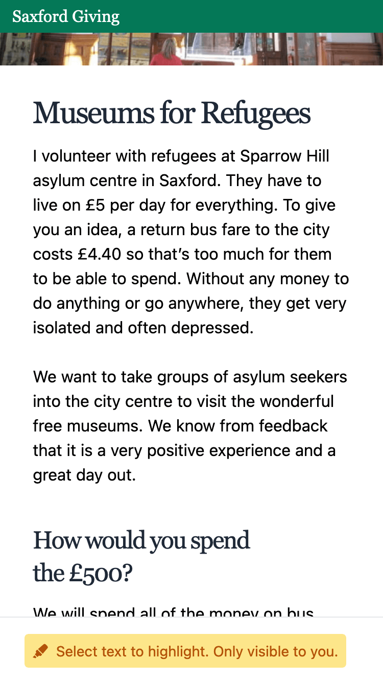 Screenshot of the idea ‘Museums for Refugees’ on Saxford Giving website. There’s a prompt to ‘Select text to highlight. Only visible to you’.