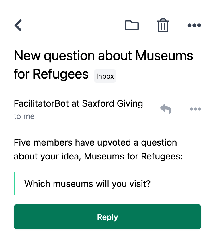 Screenshot of an email with the subject ‘New question about Museums for Refugees’