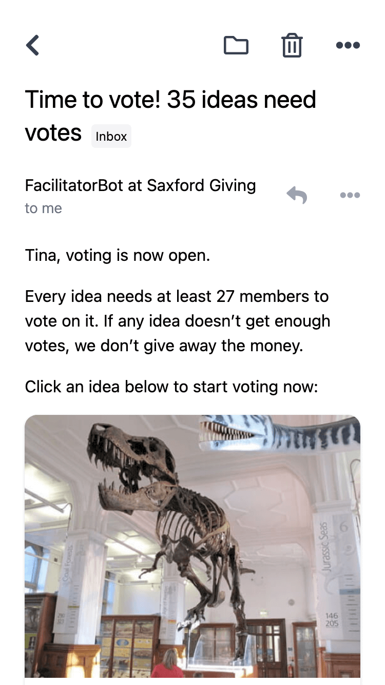 Screenshot of an email with the subject ‘Time to vote! 35 ideas need votes’
