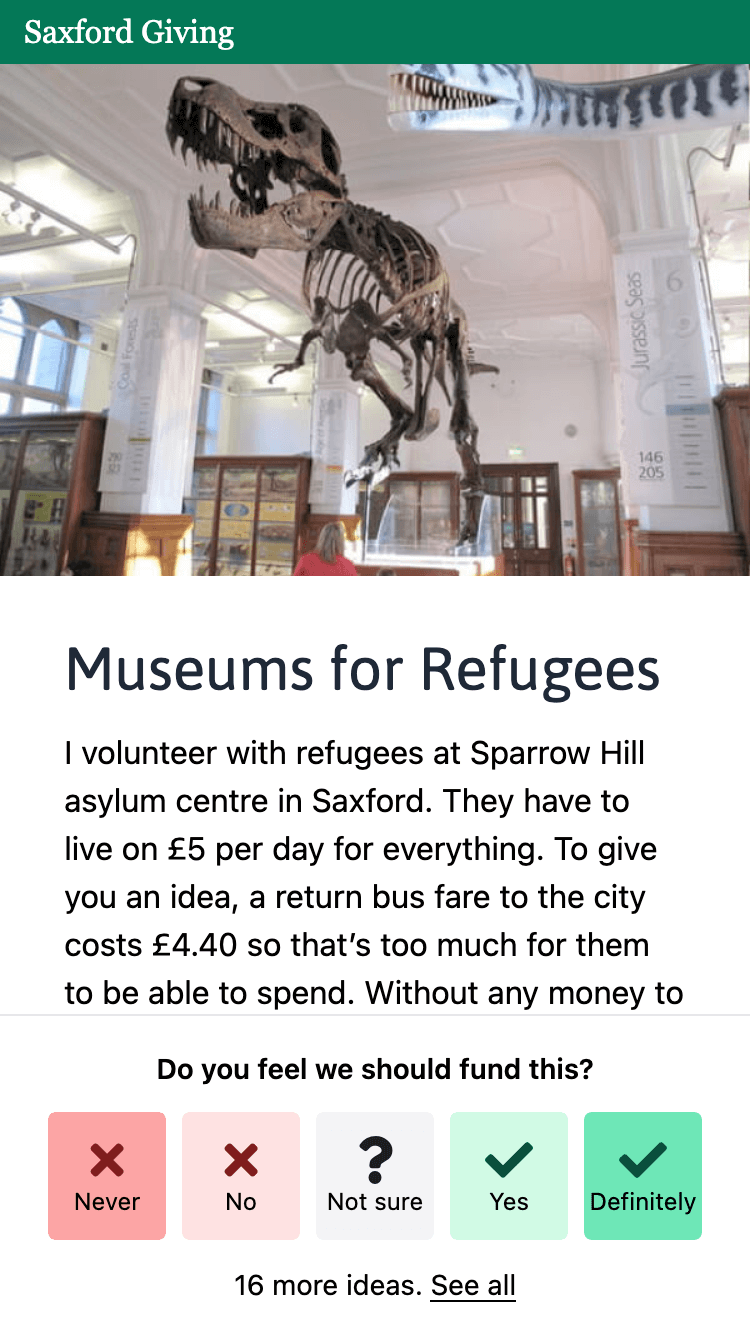 Screenshot of Museums for Refugees on the Saxford Giving website with a row of buttons to vote, ‘Never’, ‘No’, ‘Not sure’, ‘Yes’ and ‘Definitely’.