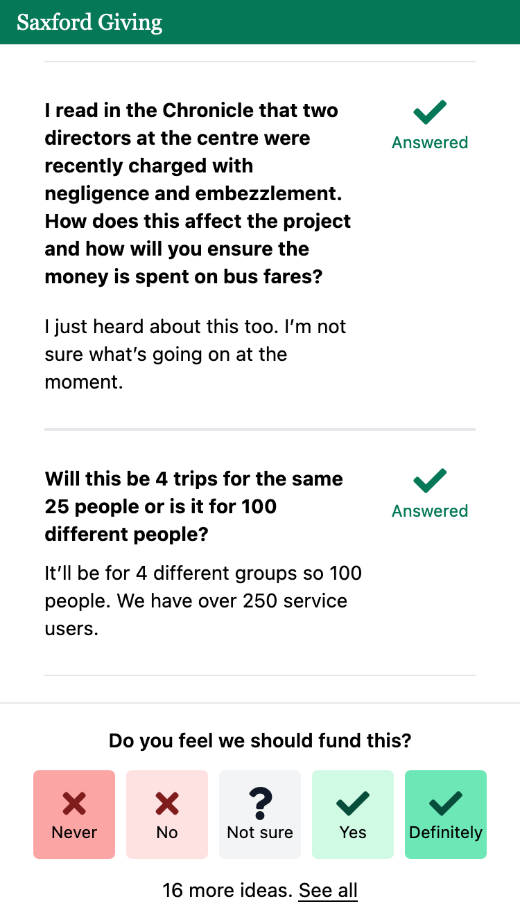 Sceenshot of the answered questions regarding the Museums for Refugees ideas. One question reads: ‘I read in the Chronicle that two directors at the centre were recently charged with negligence and embezzlement. How does this affect the project and how will you ensure the money is spent on bus fares?'
