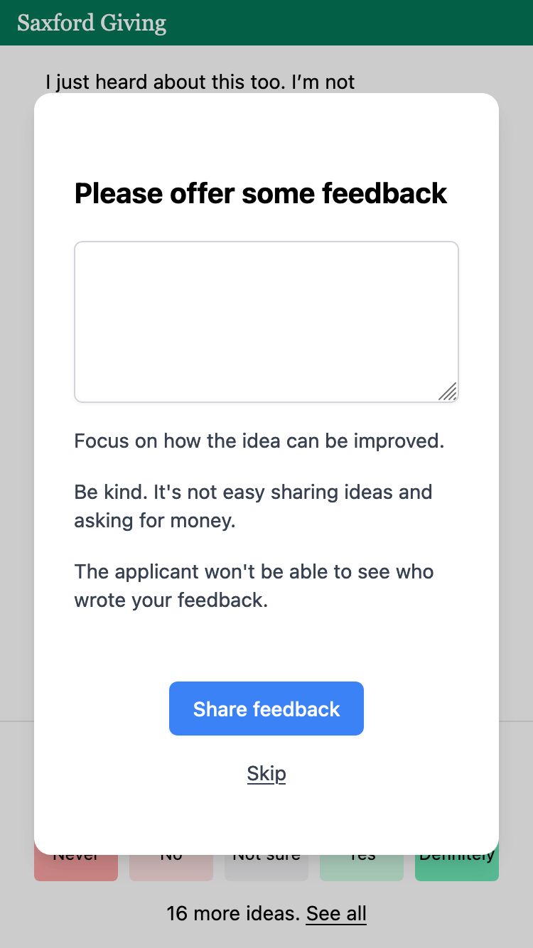 Screenshot of a prompt to offer some feedback.