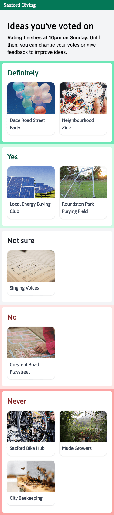 Screenshot of how Tina has voted on June’s ideas on Saxford Giving so far.