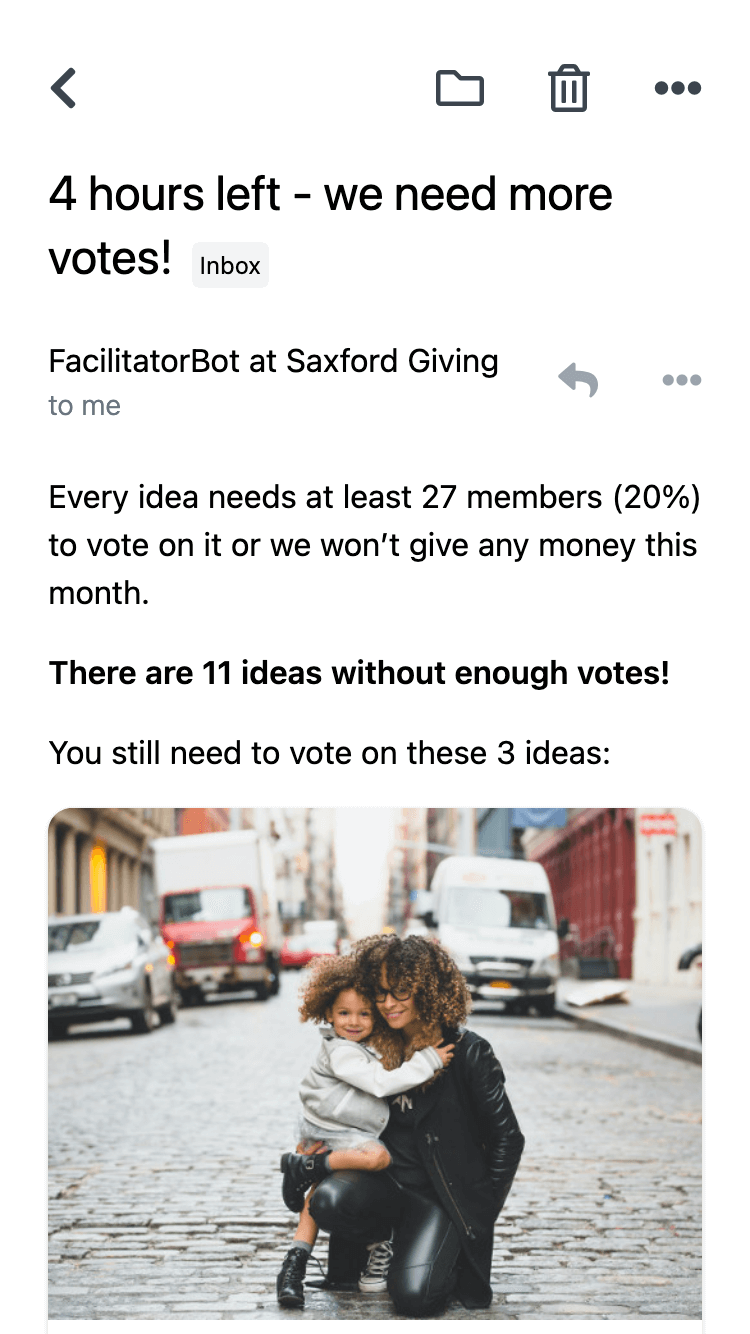 Screenshot of email with the subject ‘4 hours left - we need more votes!'