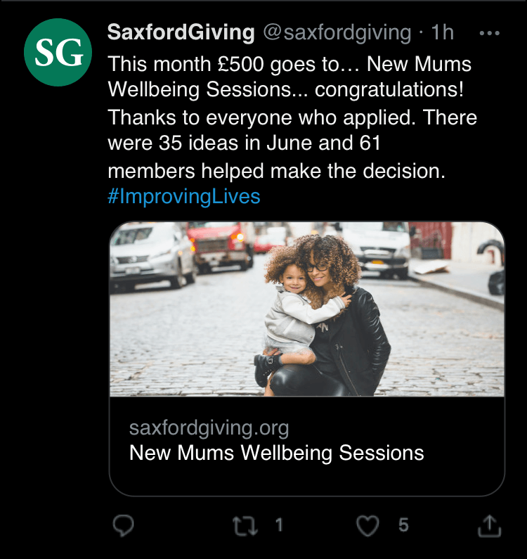 Screenshot of a tweet from Saxford Giving announcing New Mums Wellbeing Sessions as the winners this month