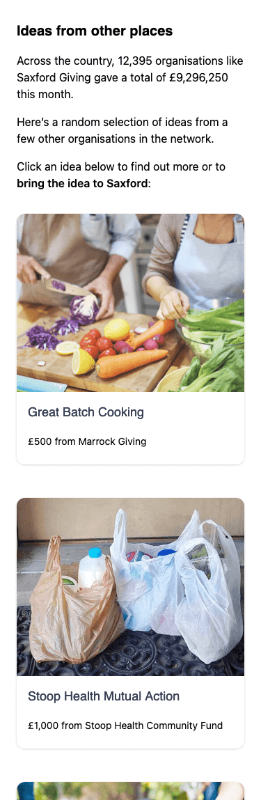 Screenshot of email containing other ideas from across the country, e.g. Great Batch Cooking that was funded by Marrock Giving.