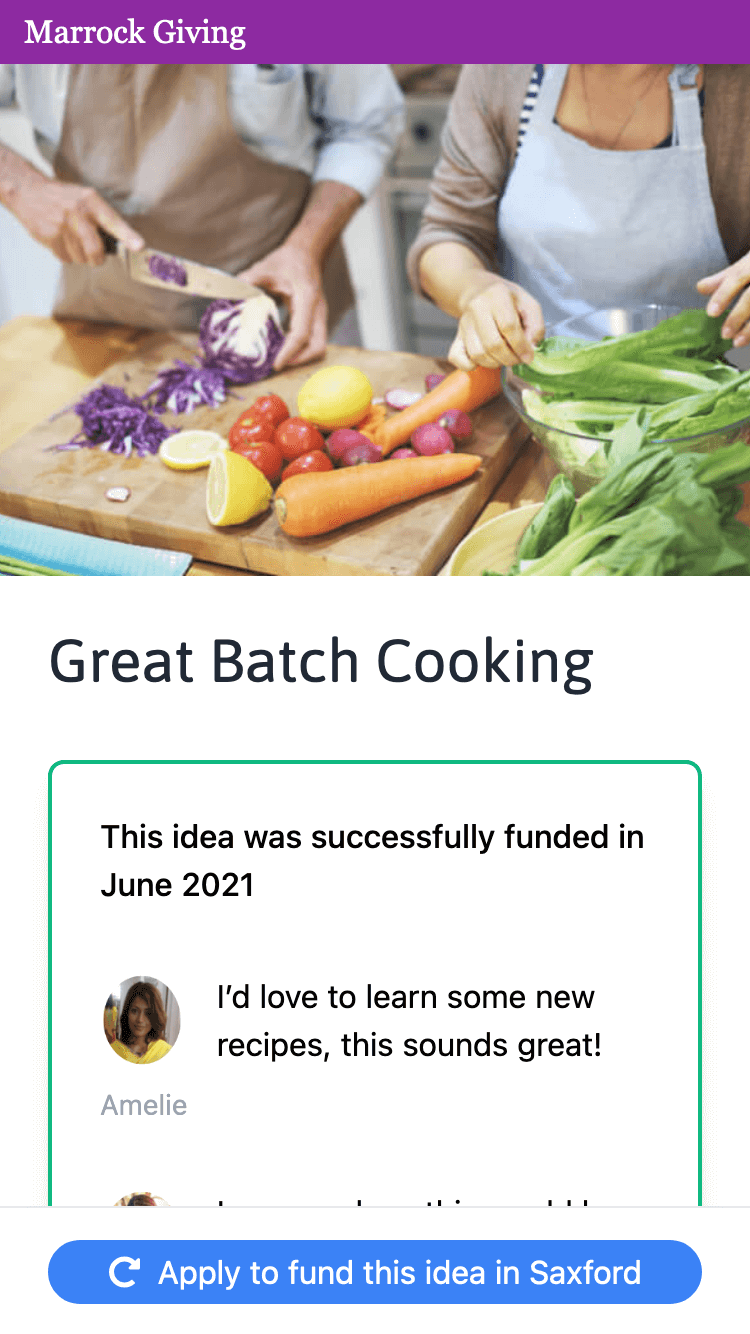 Screenshot of the Great Batch Cooking idea on the Marrock Giving website. There’s a button to ‘Apply to fund this in Saxford’.