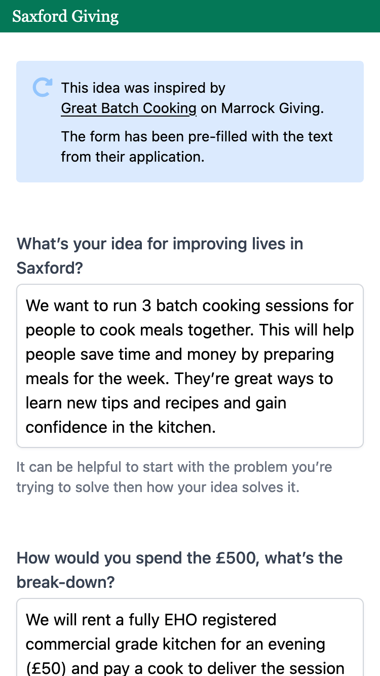 Screenshot of an application to fund ‘Great Batch Cooking’ on Saxford Giving prefilled with information from Marrock Giving.