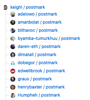 Screenshot of forks of a Github project showing a number of users who have each ‘forked’ (copied and adapted) the ‘postmark’ project